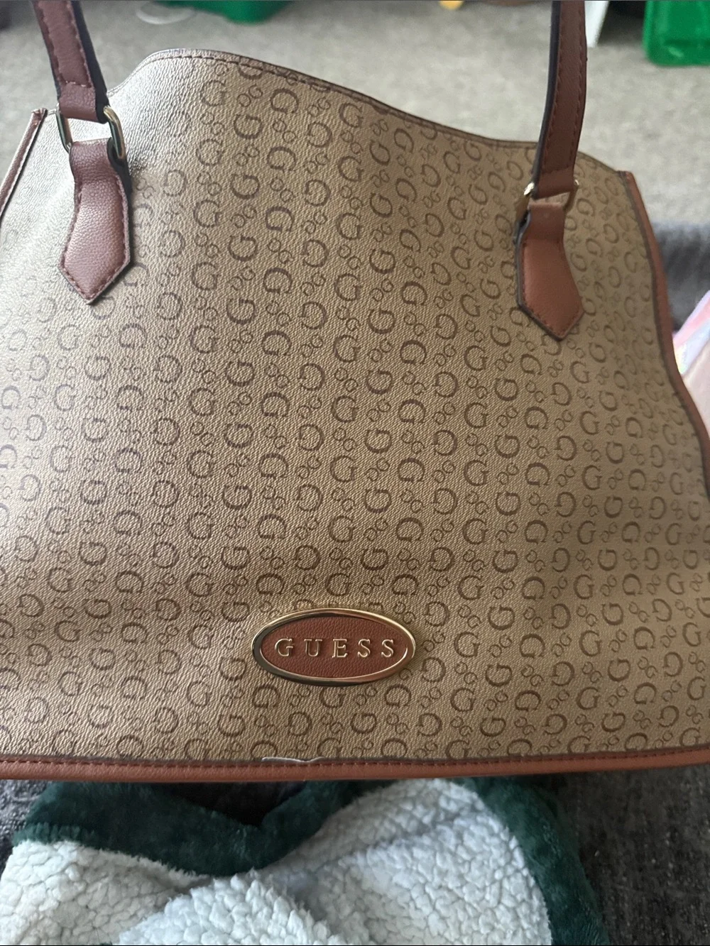 GUESS Brown Tan Signature Logo Tote with Leather Trim